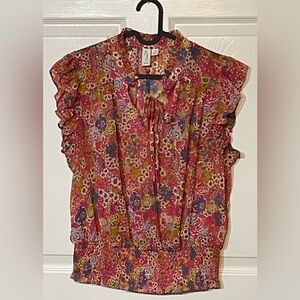 Joie Size L Floral Sheer Tie-Front Blouse W/ Smocked Hem And Metallic Threading